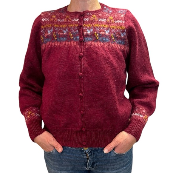 Vintage Susan Bristol Pure Wool Hand Embroidered Sweater Cardigan Burgundy L - Picture 17 of 17